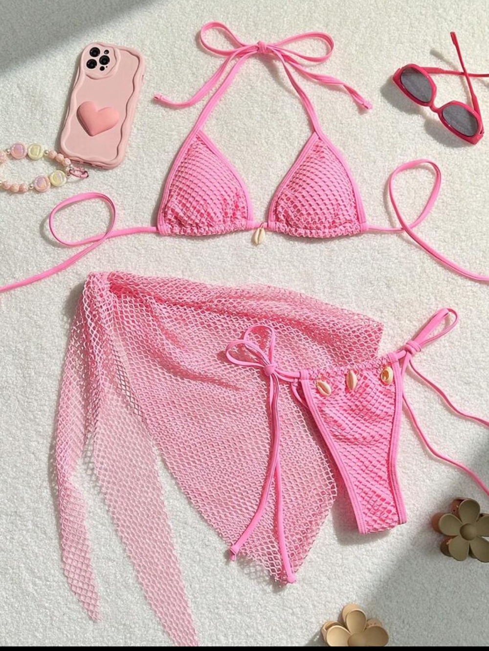 Pink Crochet Triangle Bikini Set with Sheer Mesh Sarong